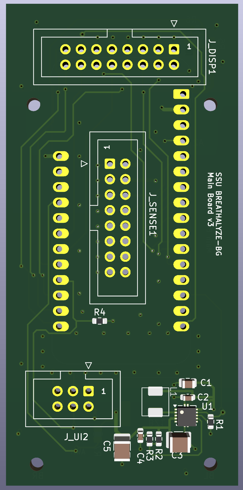 Populated-side render of the main Breathalyze-BG PCB